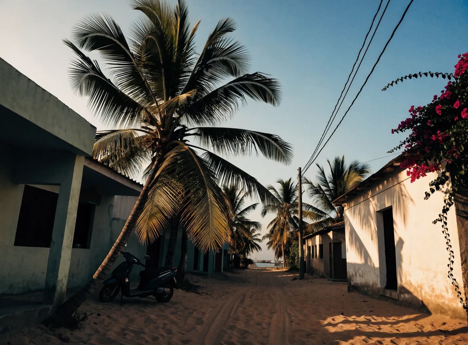 A sandy lane in a North Goa coastal village in late afternoon light, coconut palms leaning over low painted houses and the sea at the far end