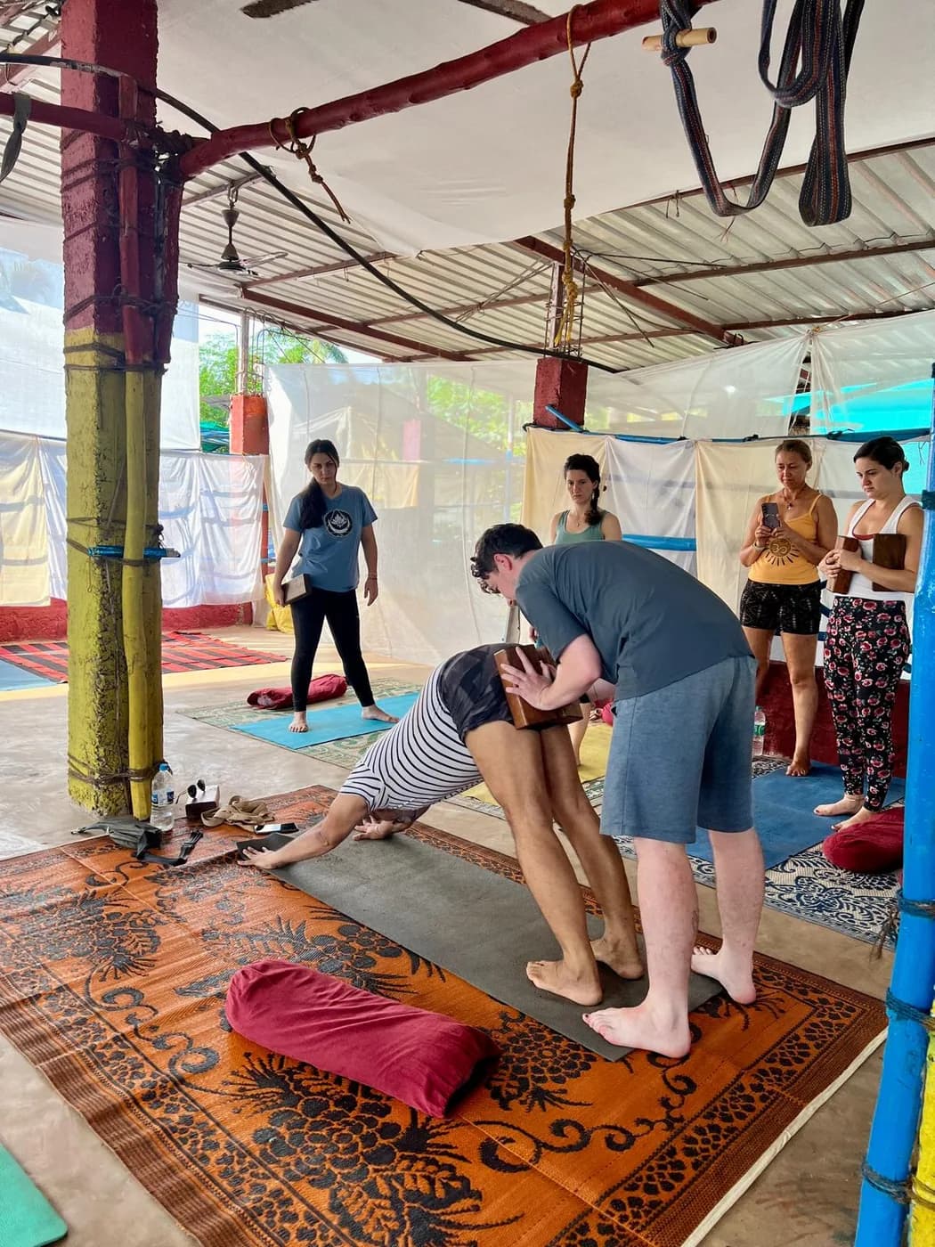 Hands-on adjustment in downward dog with a wooden block placed between the shoulder blades while the class observes, blocks in hand